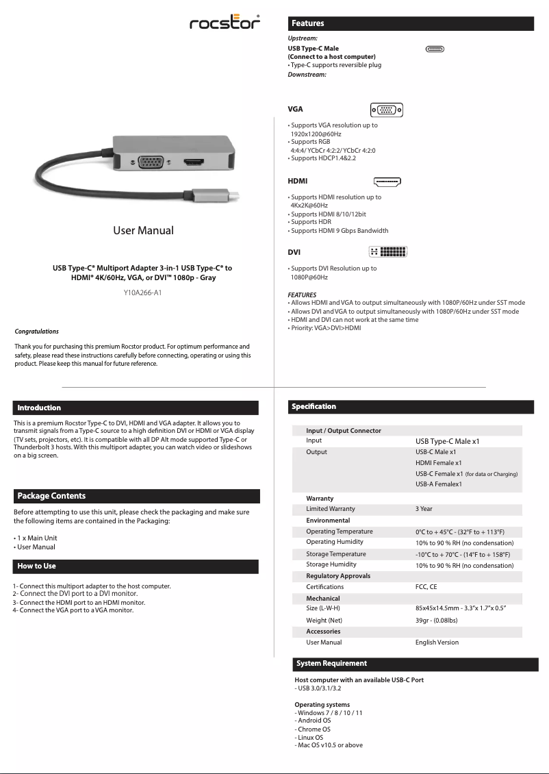 Page 1 of the manual User Manual Rocstor Y10A266-A1