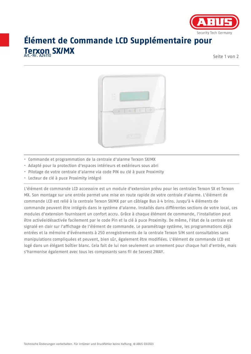 Page 1 of the manual Technical Sheet Abus AZ4110