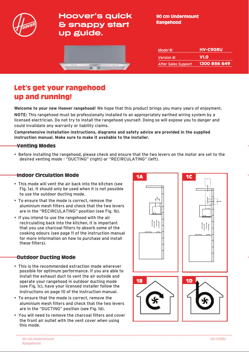 Page 1 of the manual Quick Start Guide Hoover HV-C90RU