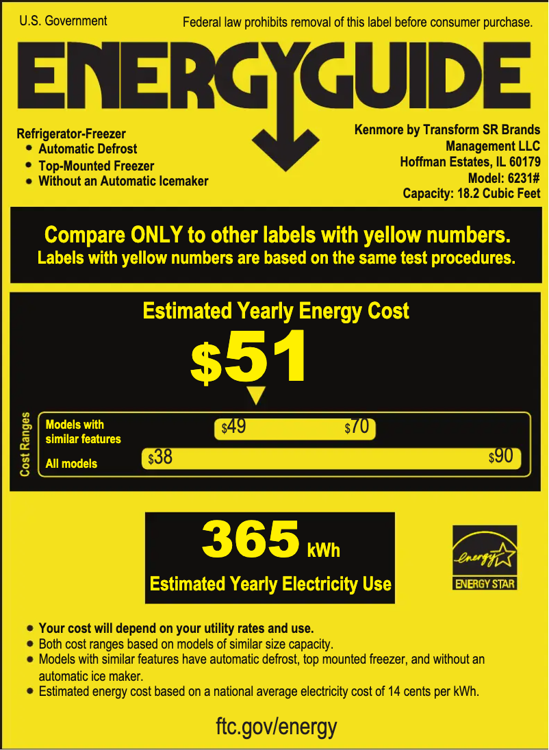 Page 1 of the manual Energy Label Kenmore 62315