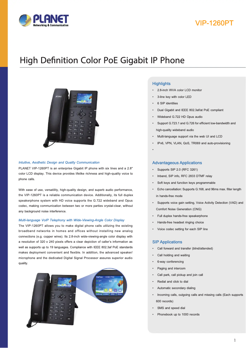 Page 1 of the manual Technical Sheet Planet VIP-1260PT