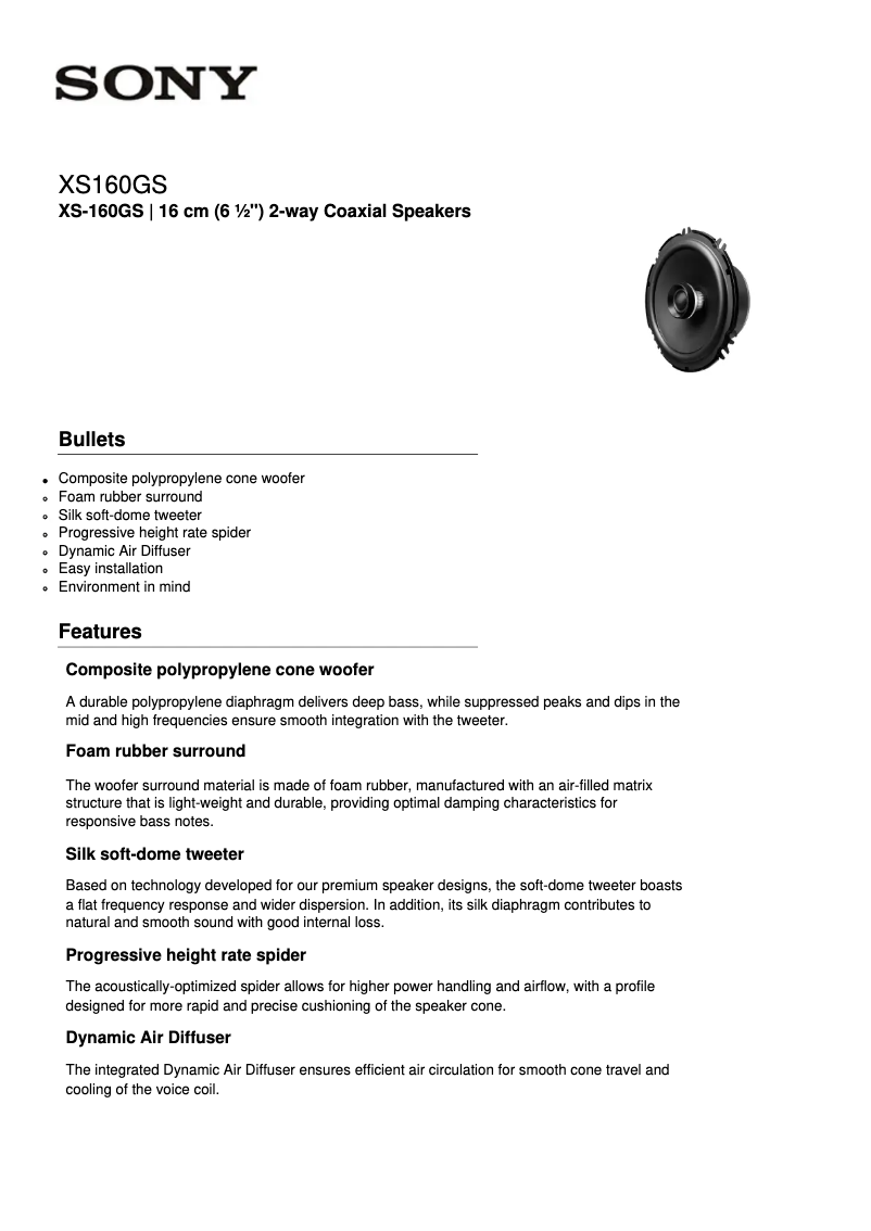 Page 1 of the manual Technical Sheet Sony XS-160GS
