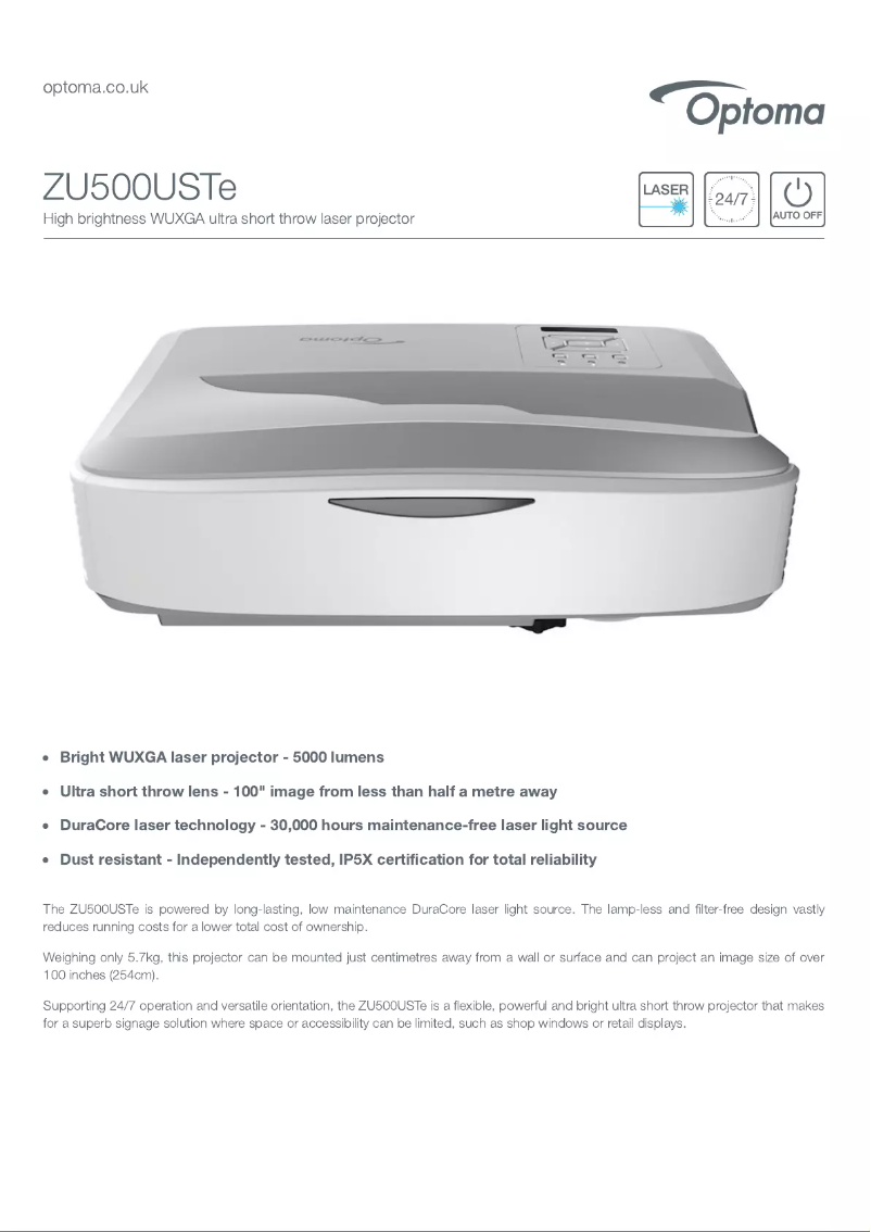 Page 1 of the manual Technical Sheet Optoma ZU500USTe