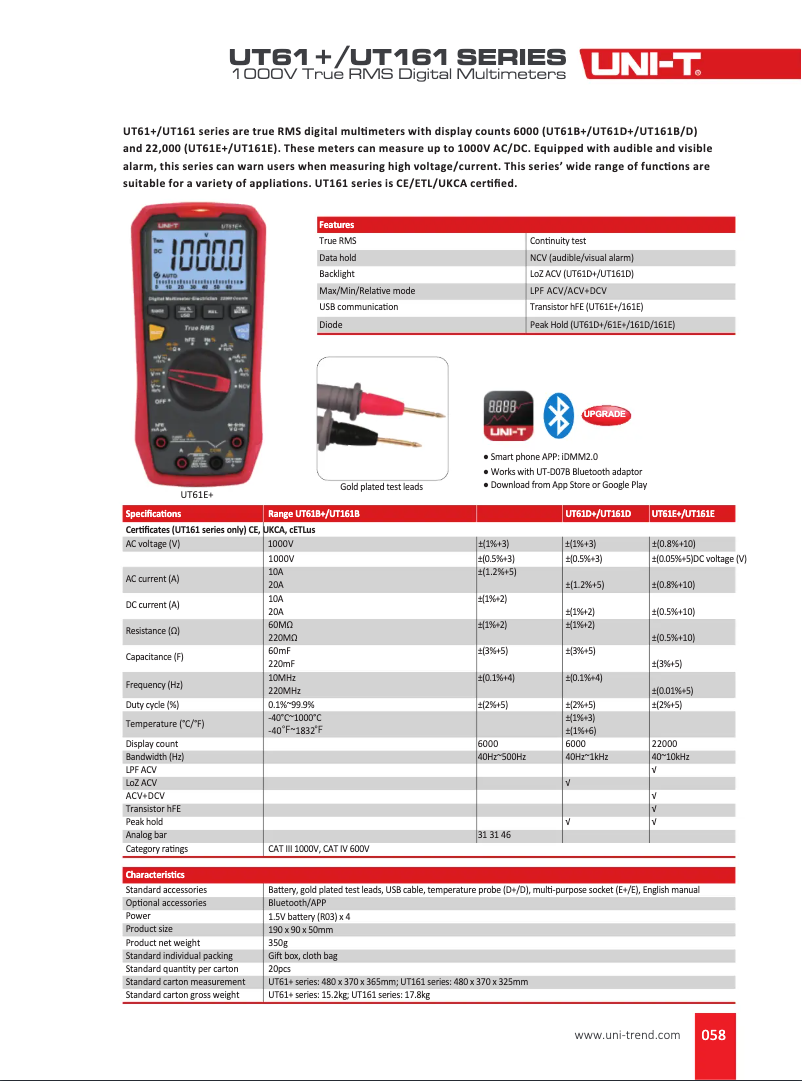 Page 1 of the manual Technical Sheet Uni-T UT61BE+