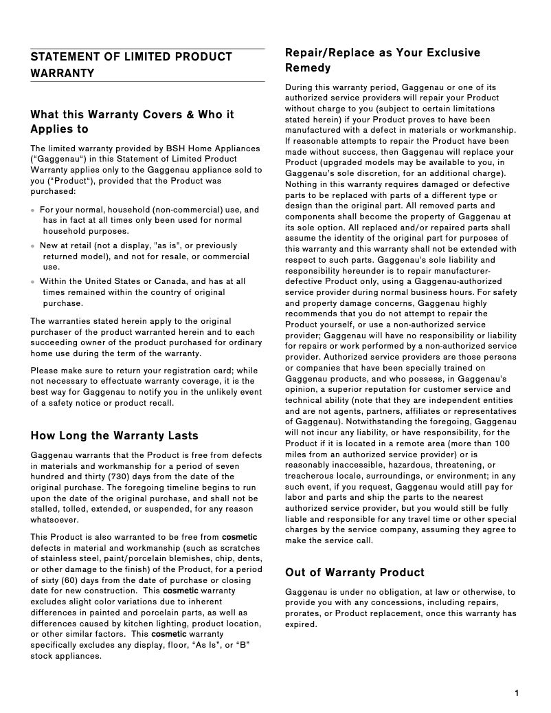 Page 1 of the manual Instruction Manual Gaggenau AF210791