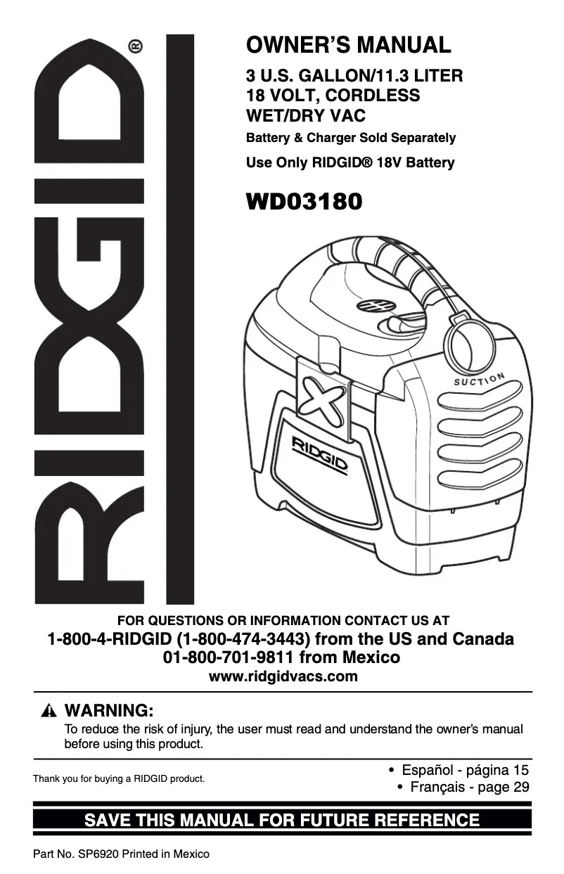 Page 1 of the manual User Manual Ridgid WD03180