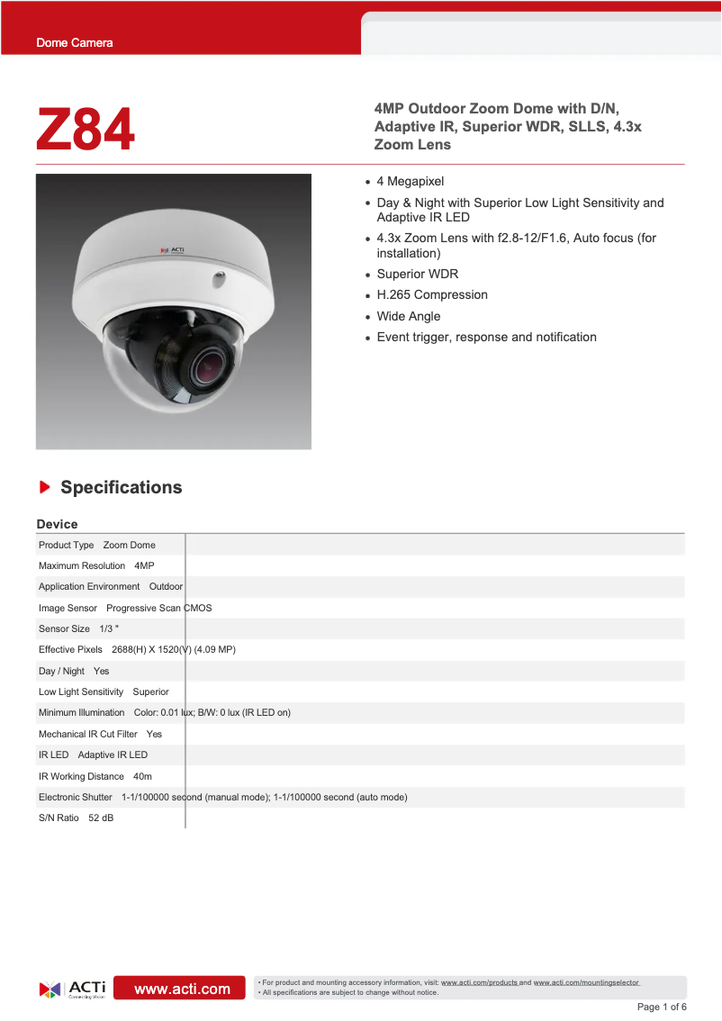 Page 1 of the manual Technical Sheet ACTi Z84