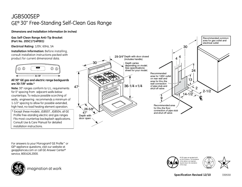Page 1 of the manual Technical Sheet GE JGB500SEPSS