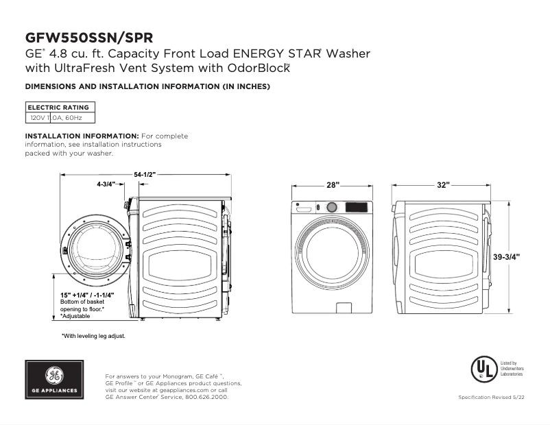Page 1 of the manual Technical Sheet GE GFW550SPRRS