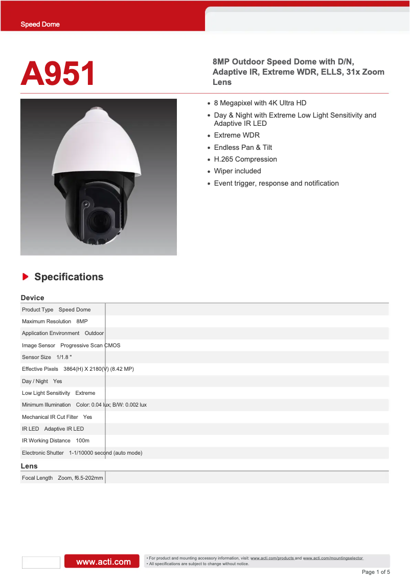 Page 1 of the manual Technical Sheet ACTi A951