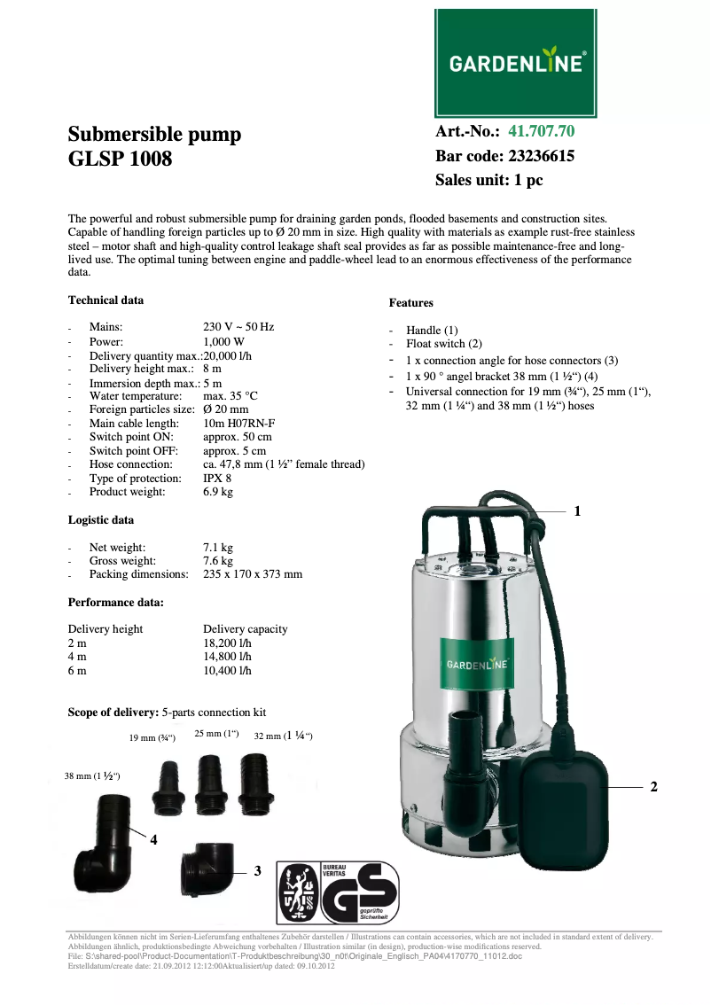 Page 1 of the manual User Manual Gardenline GLSP 1008