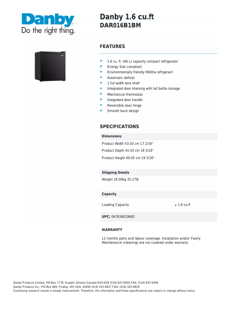 Page 1 of the manual Technical Sheet Danby DAR016B1BM