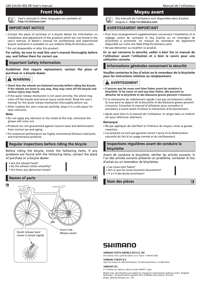 Page 1 of the manual User Manual Shimano HB-TX500-QR