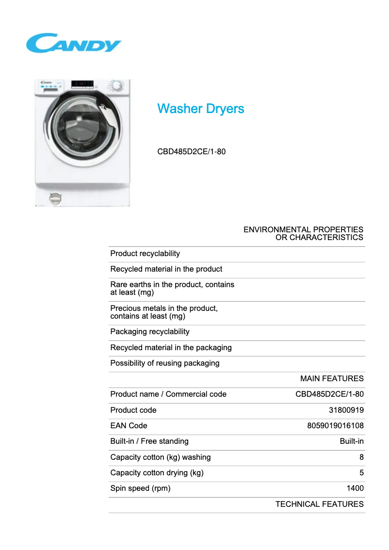 First page image of the manual for CBD485D2CE/1-80