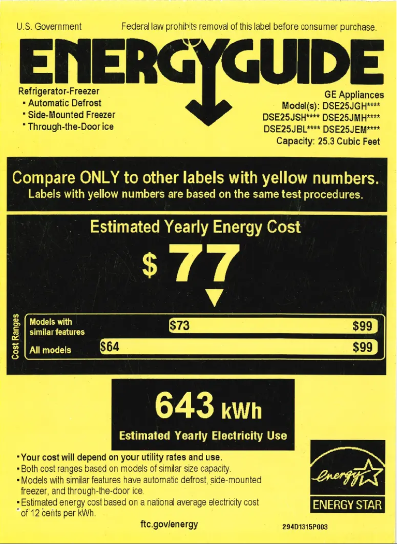 Page 1 of the manual Energy Label GE Adora DSE25JEMDS