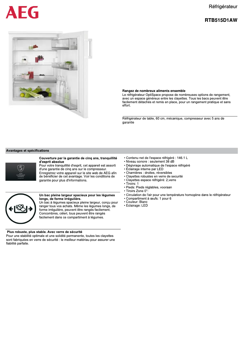 Page 1 of the manual Technical Sheet AEG RTB515D1AW
