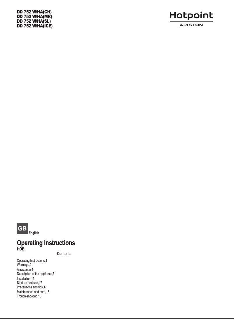 Page 1 of the manual User Manual Hotpoint Ariston DD 752 W/HA(MR)