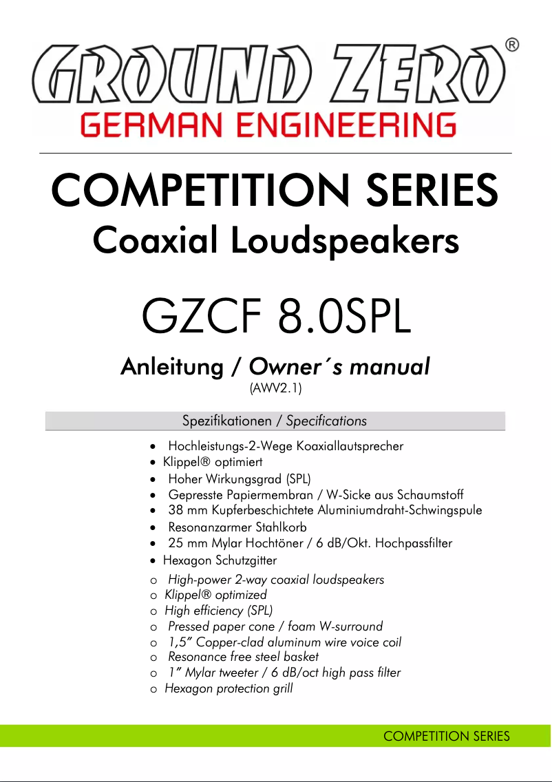 First page image of the manual for GZCF 8.0SPL