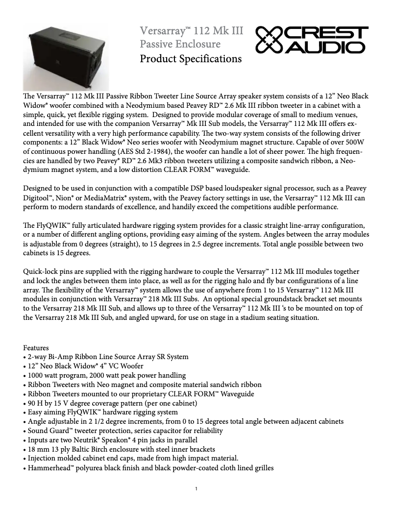 First page image of the manual for Versarray 112 MKIII