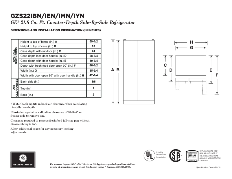 Page 1 of the manual Technical Sheet GE GZS22IENDS