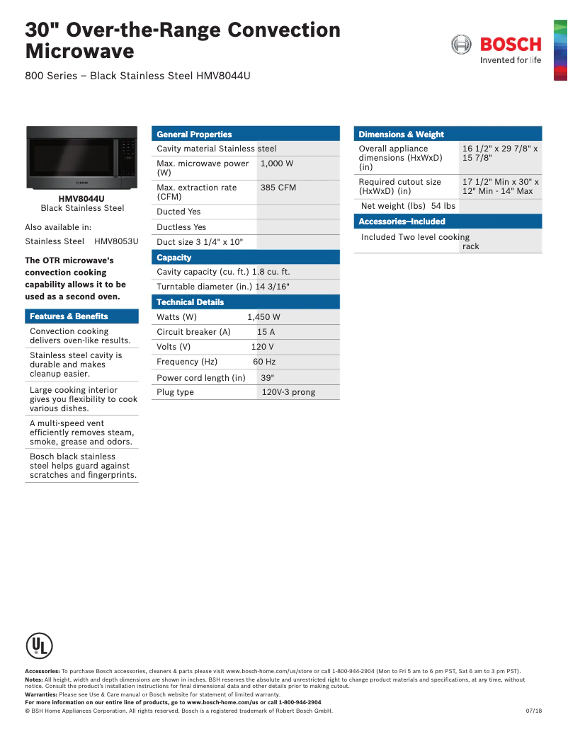 Page 1 of the manual Technical Sheet Bosch HMV8044U