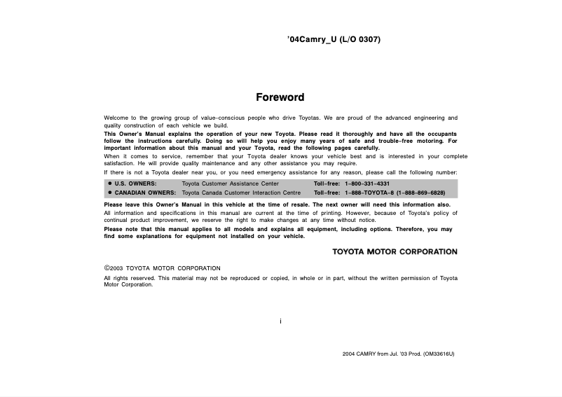 Page 1 of the manual User Manual Toyota Camry (2004)
