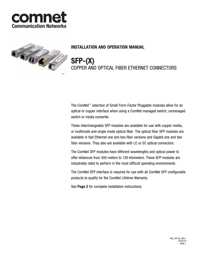 Page 1 of the manual User Manual ComNet SFP-10B