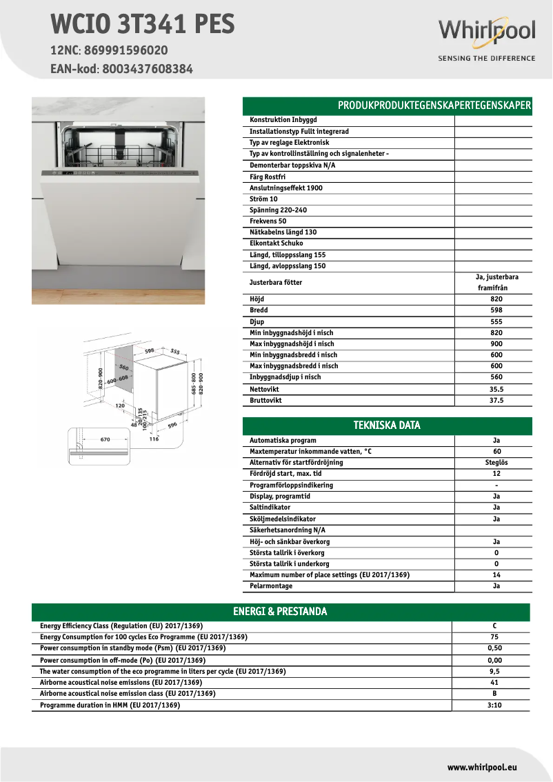 Page 1 of the manual Technical Sheet Whirlpool WCIO3T341PES