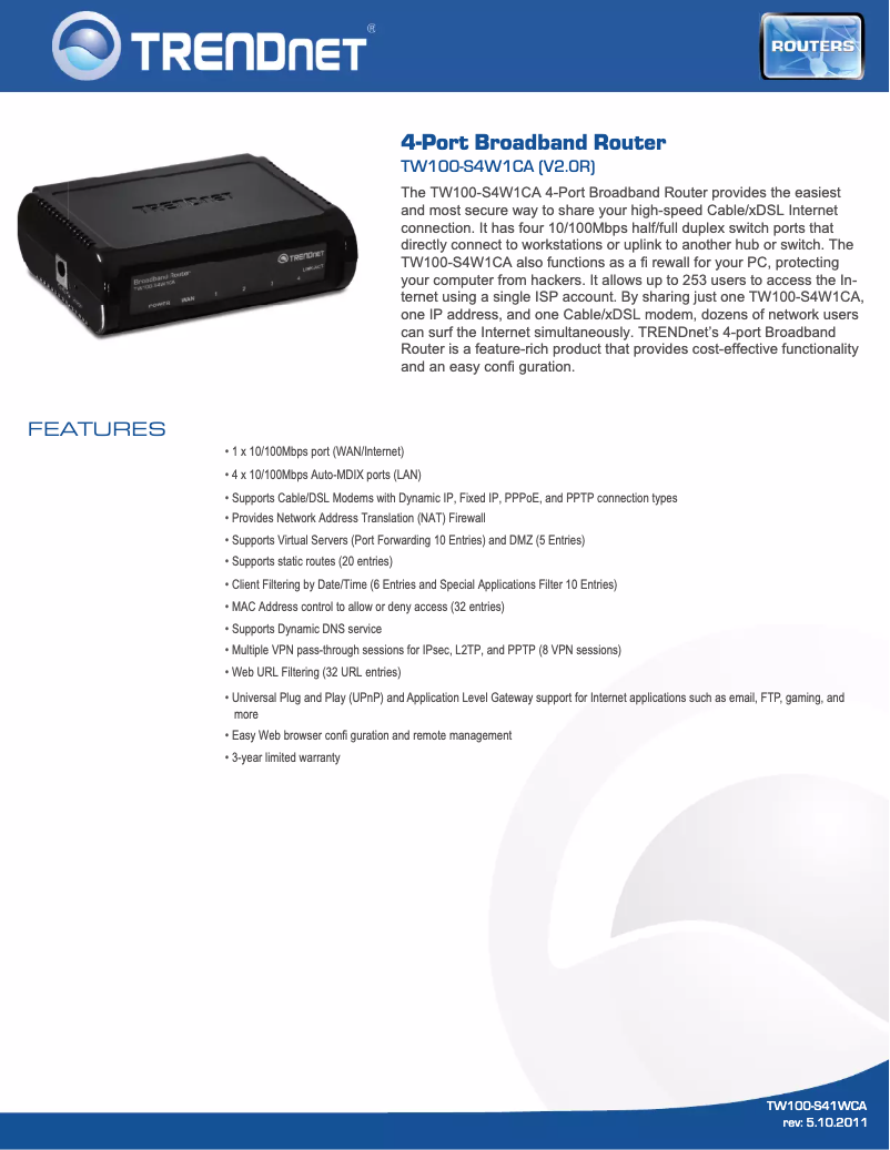 First page image of the manual for TW100-S4W1CA