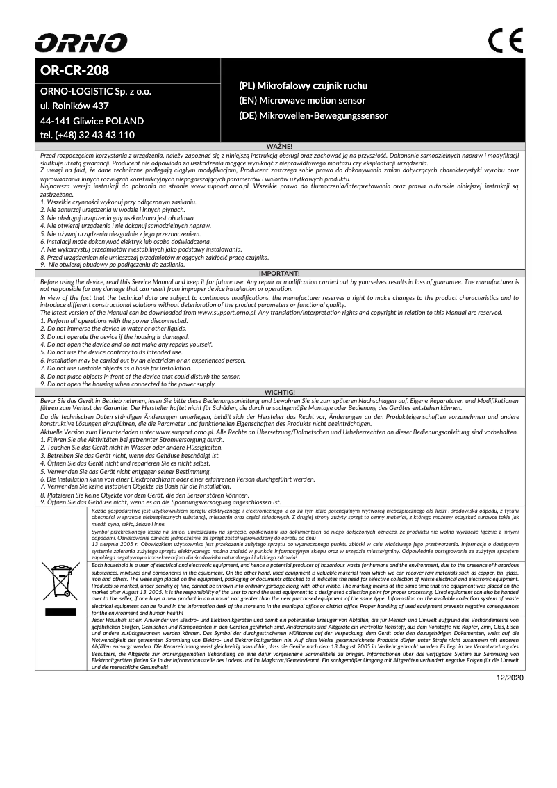 Page 1 de la notice Manuel utilisateur ORNO OR-CR-208