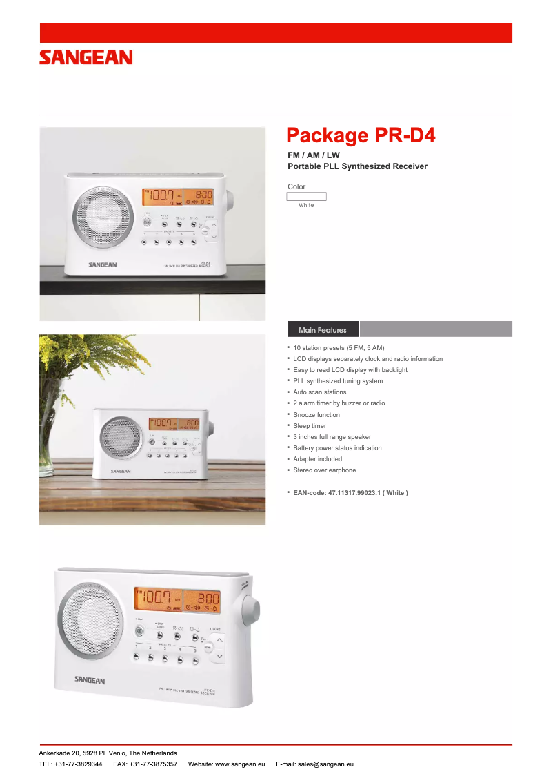 Page 1 of the manual Technical Sheet Sangean PR-D4
