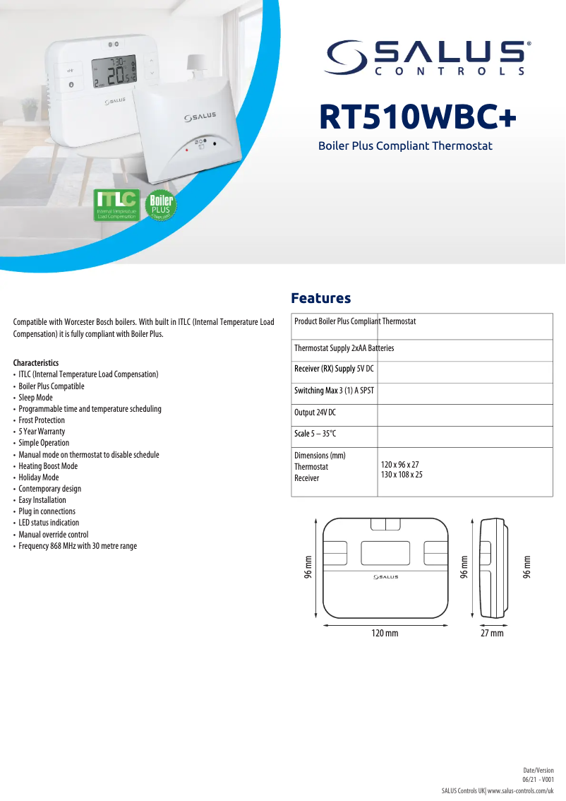 Page 1 of the manual Technical Sheet Salus RT510WBC+