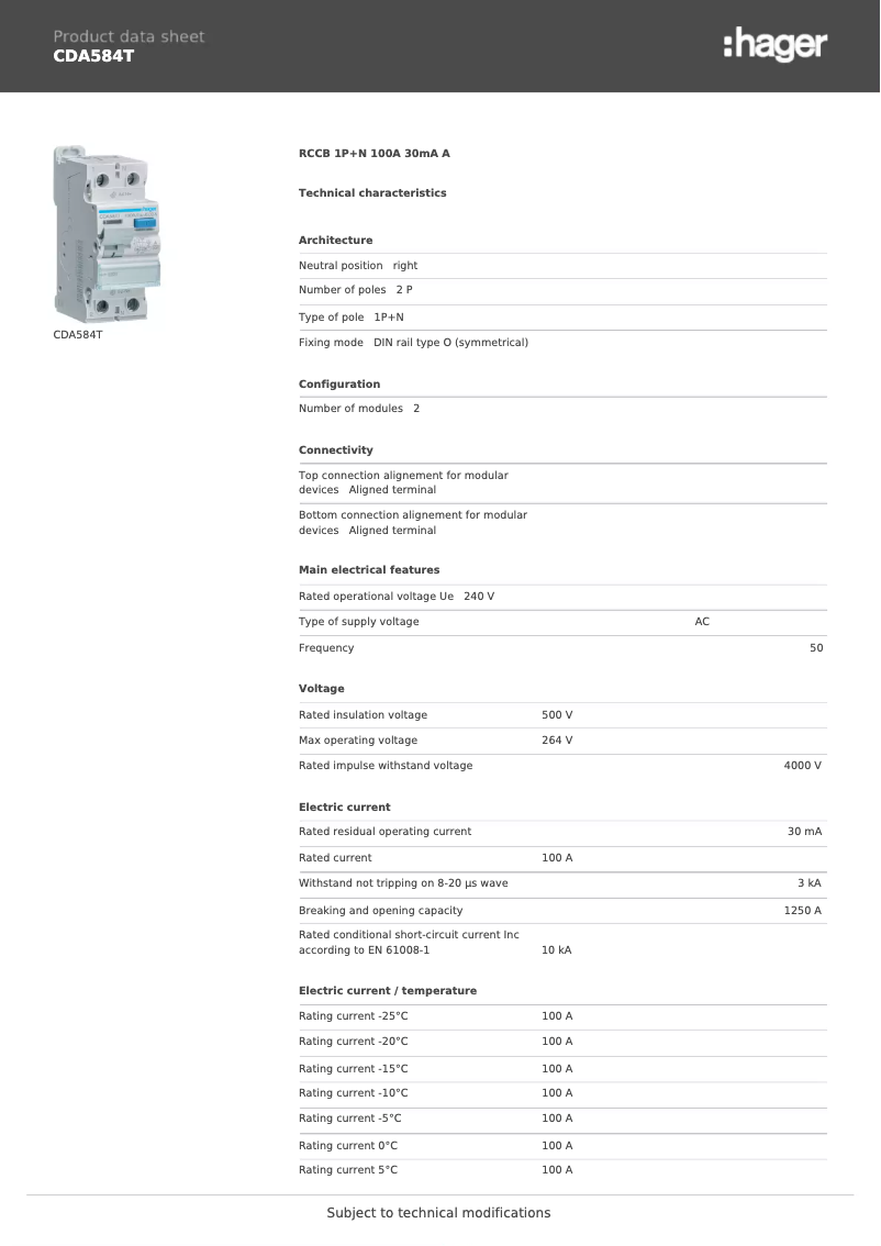 Page 1 of the manual Technical Sheet Hager CDA584T