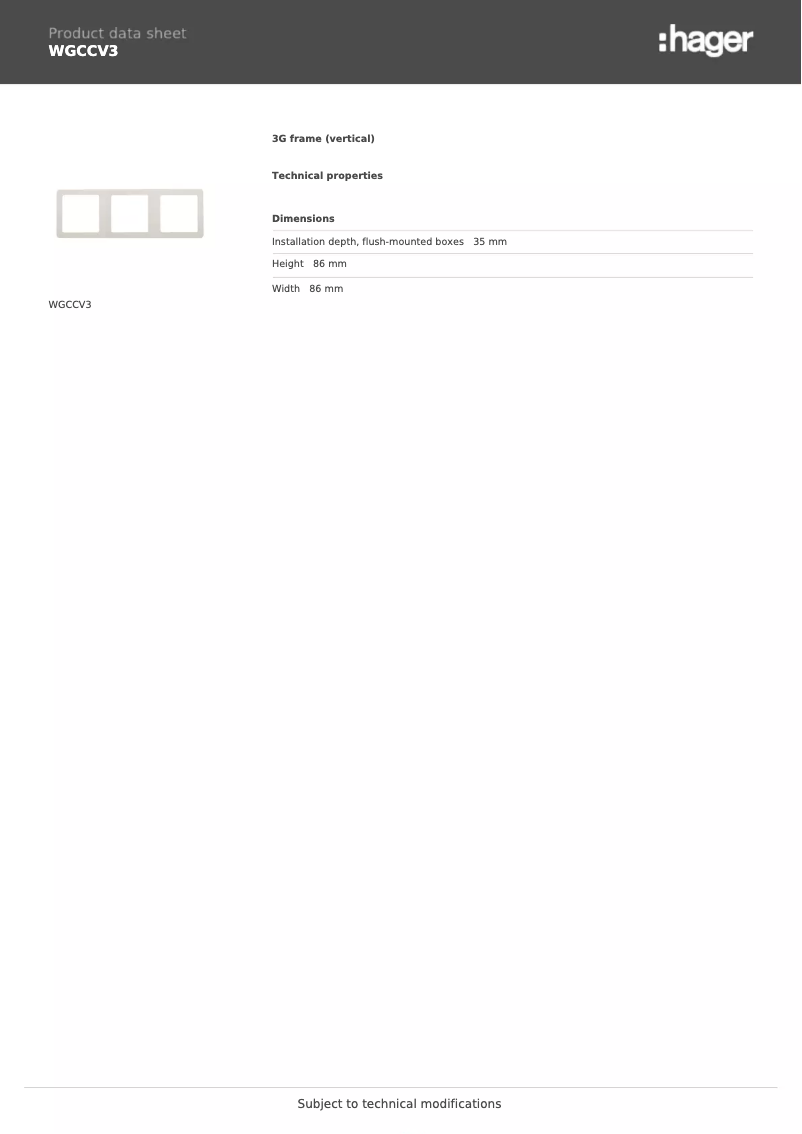 Page 1 of the manual Technical Sheet Hager WGCCV3