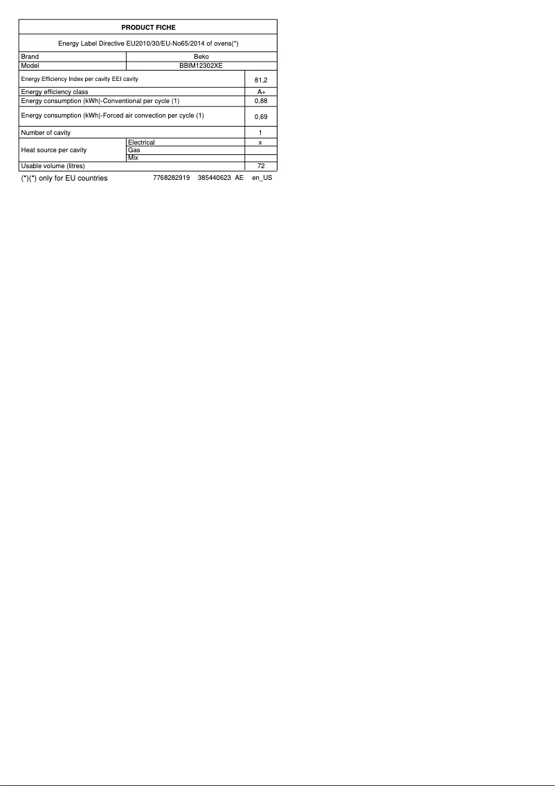 Page 1 of the manual Technical Sheet Beko BBIM12302XE