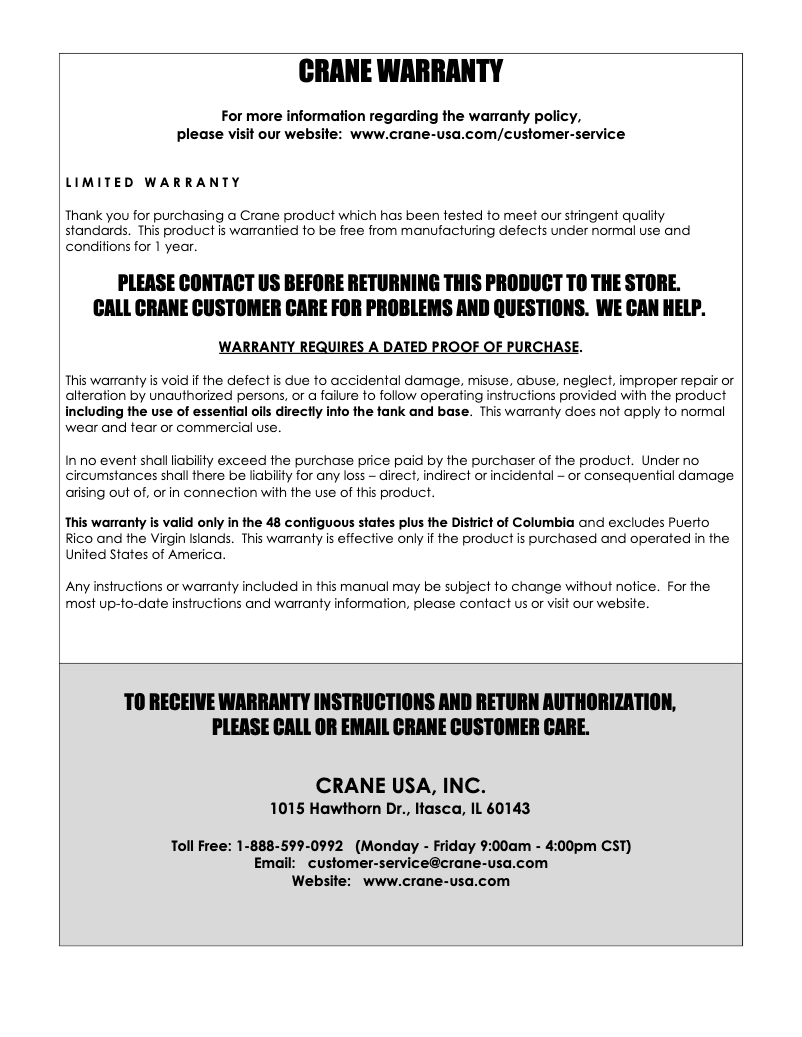 Page 1 of the manual Warranty Information Crane EE-8619
