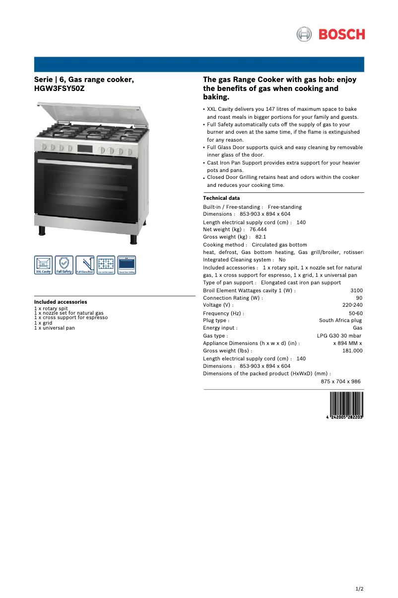Page 1 of the manual Technical Sheet Bosch HGW3FSY50Z