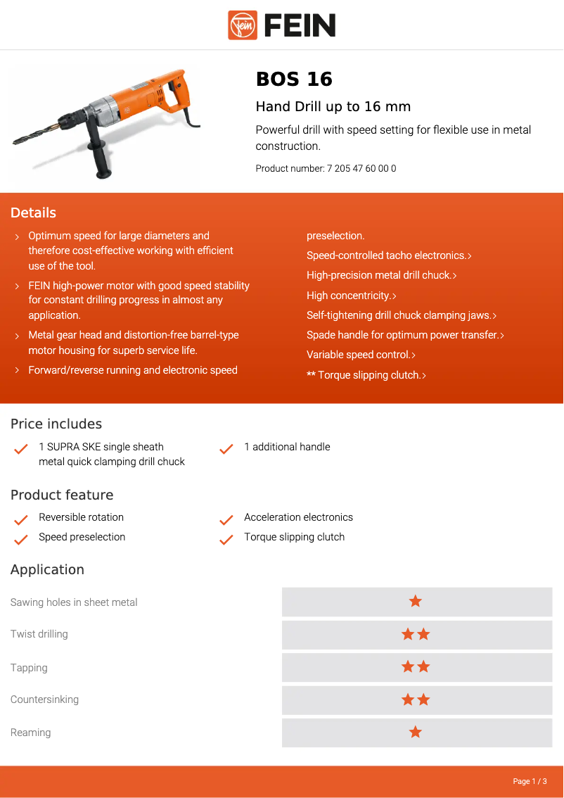 Page 1 of the manual Technical Sheet Fein BOS 16