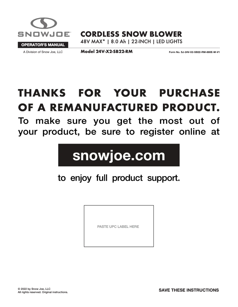 Page 1 of the manual User Manual Snow Joe 24V-X2-SB22-RM