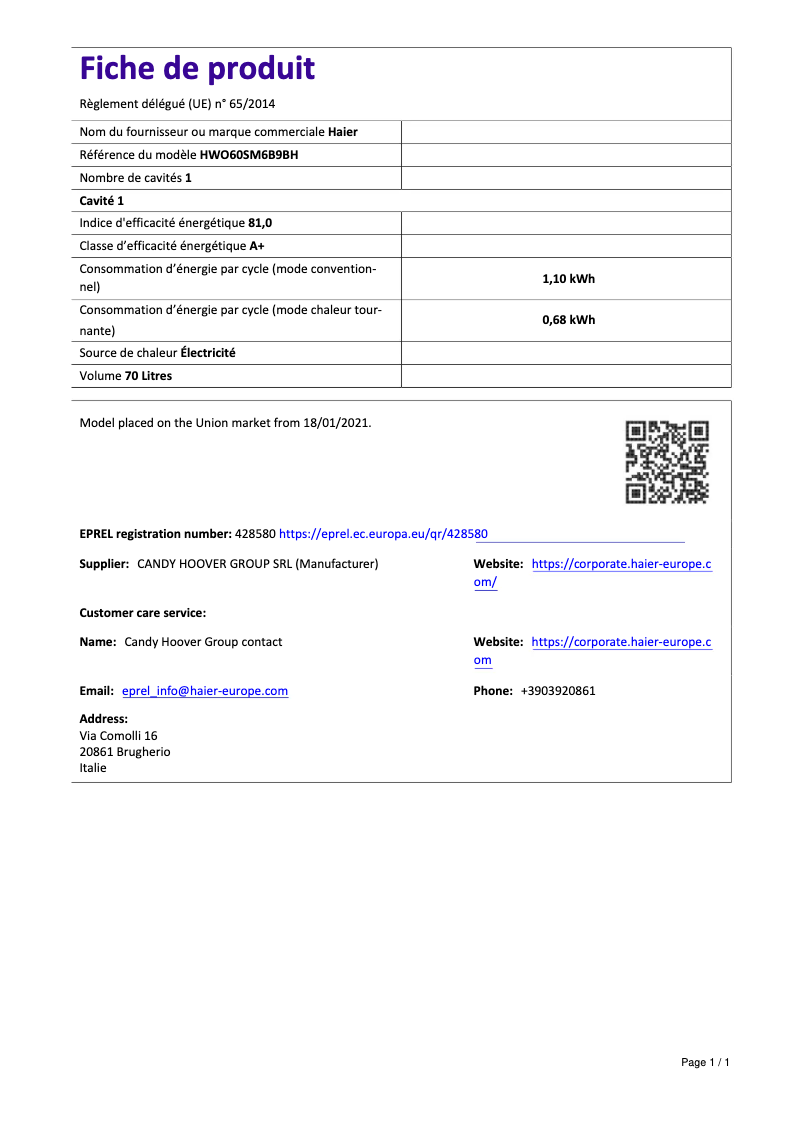 Page 1 of the manual Technical Sheet Haier I-Message Series 6 HWO60SM6B9BH