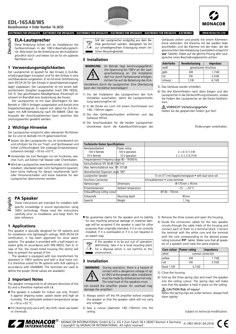 First page image of the manual for EDL-165AB/WS