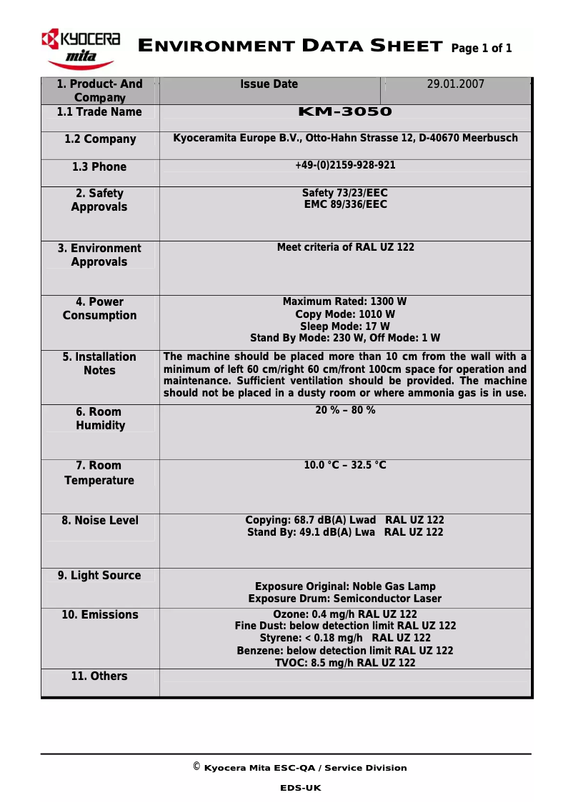 Page 1 of the manual Technical Sheet Kyocera KM-3050