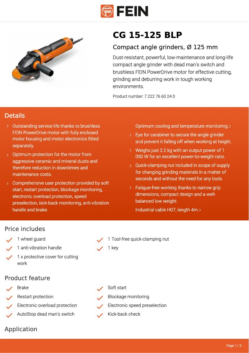 Page 1 of the manual Technical Sheet Fein CG 15-125 BLP