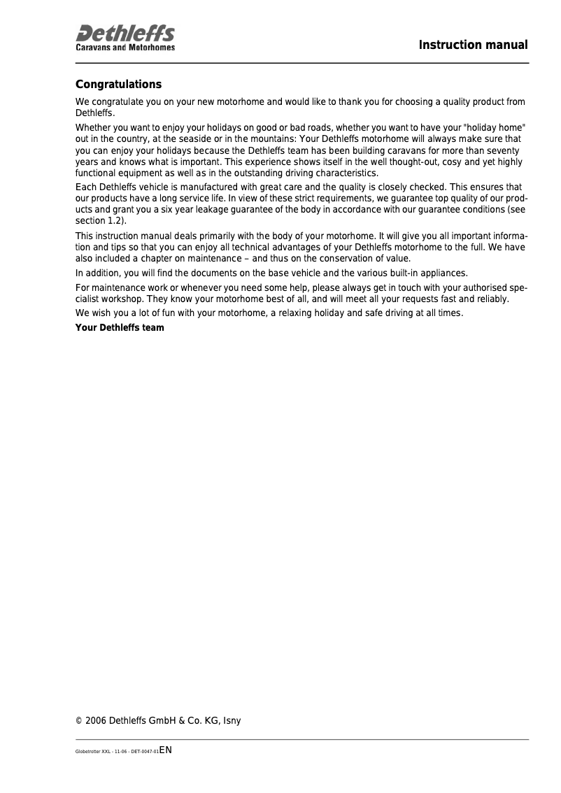 Page 1 of the manual User Manual Dethleffs Motorhome Premium Class (2007)