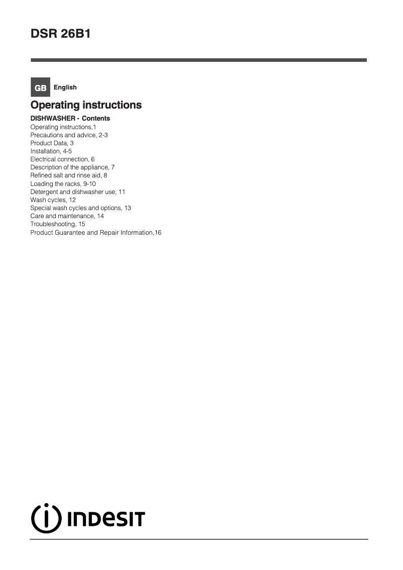 Page 1 of the manual Instruction Manual Indesit DSR 26B1 UK