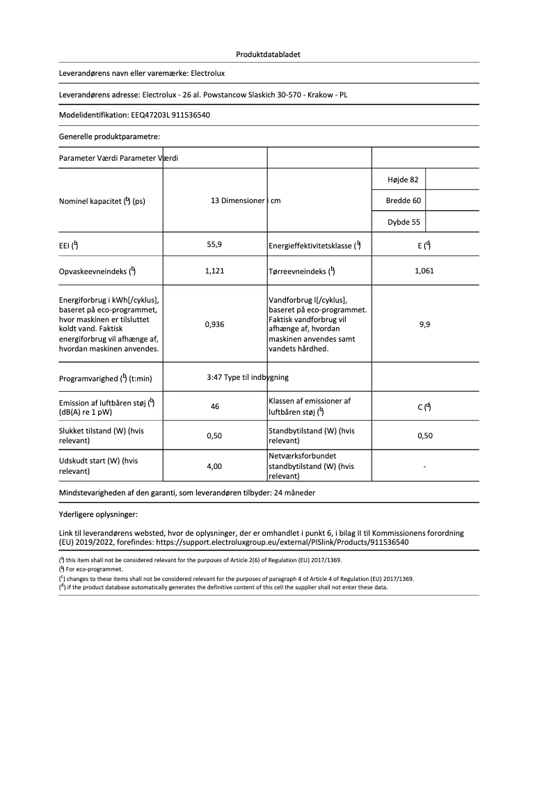 Page 1 of the manual Technical Sheet Electrolux EEQ47203L
