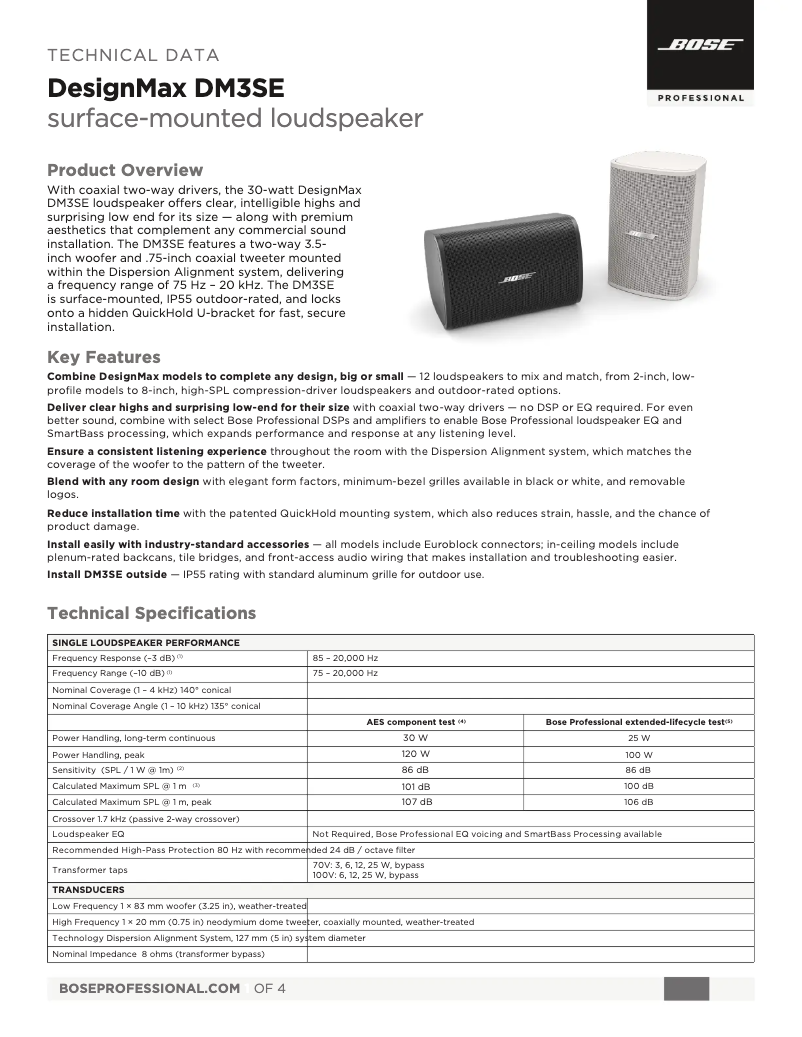Page 1 of the manual Technical Sheet Bose DesignMax DM3SE
