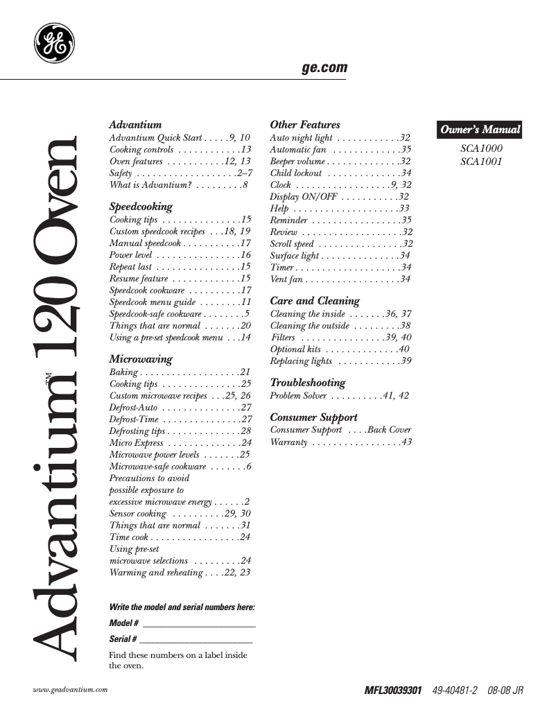 First page image of the manual for SCA1000HWW