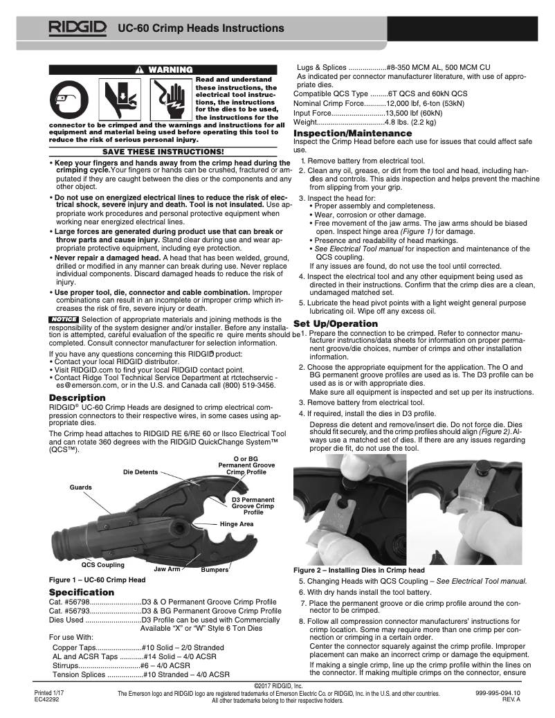 Page 1 of the manual Instructions / Assembly Ridgid UC-60