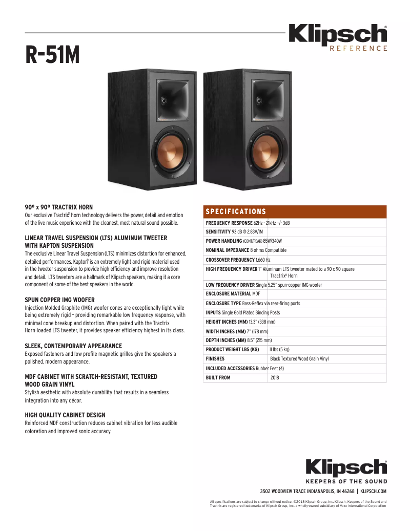 Page 1 of the manual Technical Sheet Klipsch Reference R-51M